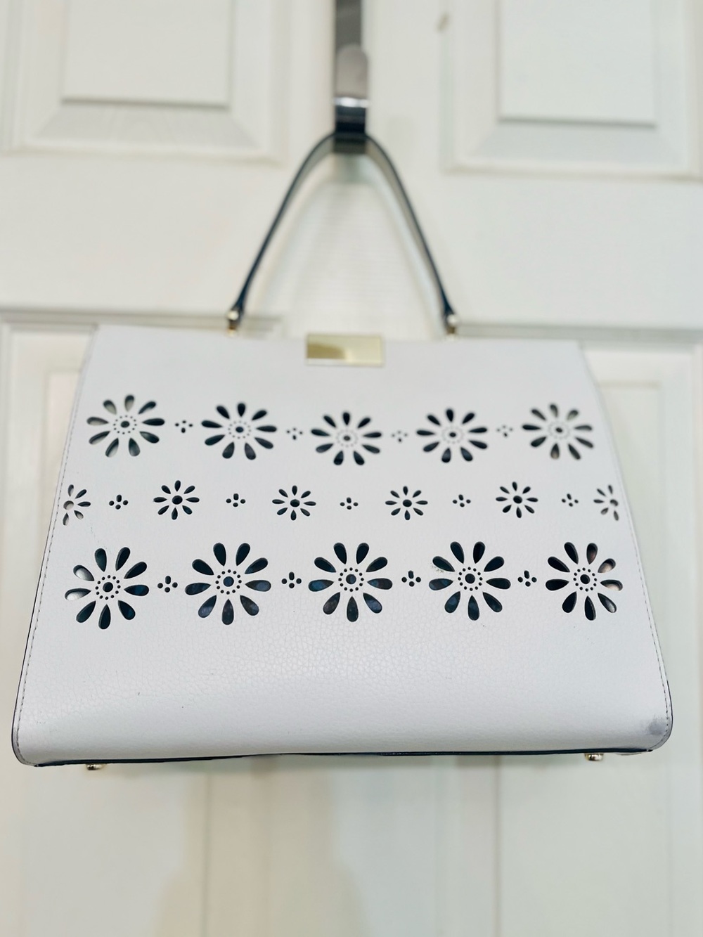 Kate Spade White Leather Faye Drive Etta Daisy Cutout Satchel Tote Bag EUC - Picture 6 of 16